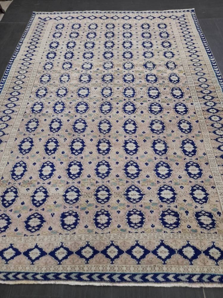 Vintage Turkish Rug, Vintage Navy 6.8 x 10 Rug, Oriental Rugs, Wool Rug, High Pile Vintage Rug, Hand Made Rug Persian Rug 7x10 rug