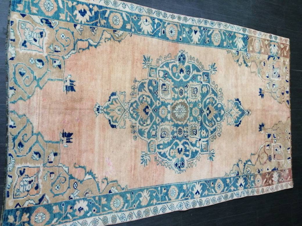 Wool Vintage Rug Turkish Rug 5.4 x 8.8  Muted Oushak  Rug,  Hand Made Rug, Living Room Rug, Oushak Rug, Blue Rug Medium Wool Pile Rug
