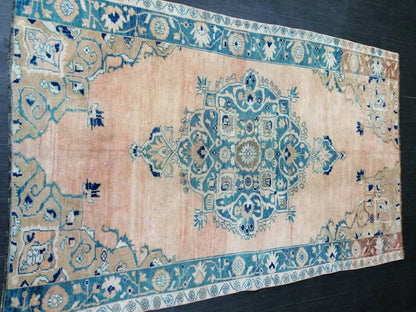 Wool Vintage Rug Turkish Rug 5.4 x 8.8  Muted Oushak  Rug,  Hand Made Rug, Living Room Rug, Oushak Rug, Blue Rug Medium Wool Pile Rug