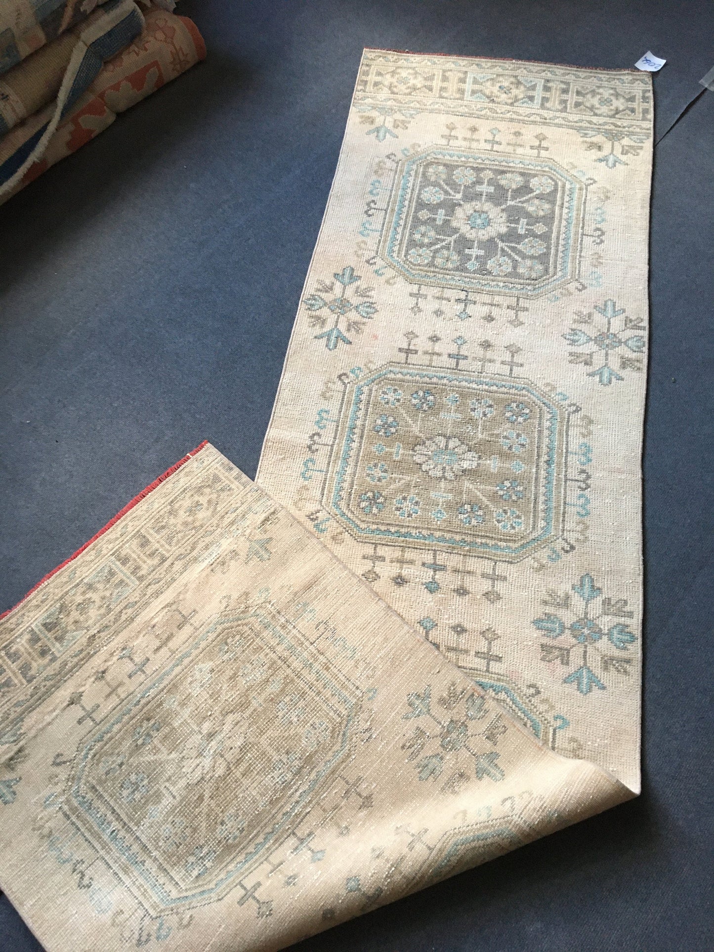 2.5x9 feet handmade long runner rug, wool teal overlong turkish runner, vintage kitchen runner, bathroom floor runner, bohemian wool runner