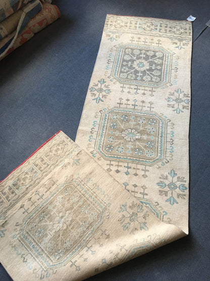 2.5x9 feet handmade long runner rug, wool teal overlong turkish runner, vintage kitchen runner, bathroom floor runner, bohemian wool runner