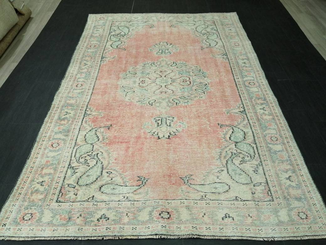 Vintage Hand Made Rug, 5.8 x 8.7 Large Oushak Rug, Pink Rustic Rug, Distressed ORIENTAL Rug, Distressed Turkish Rug, Vintage Persian rug