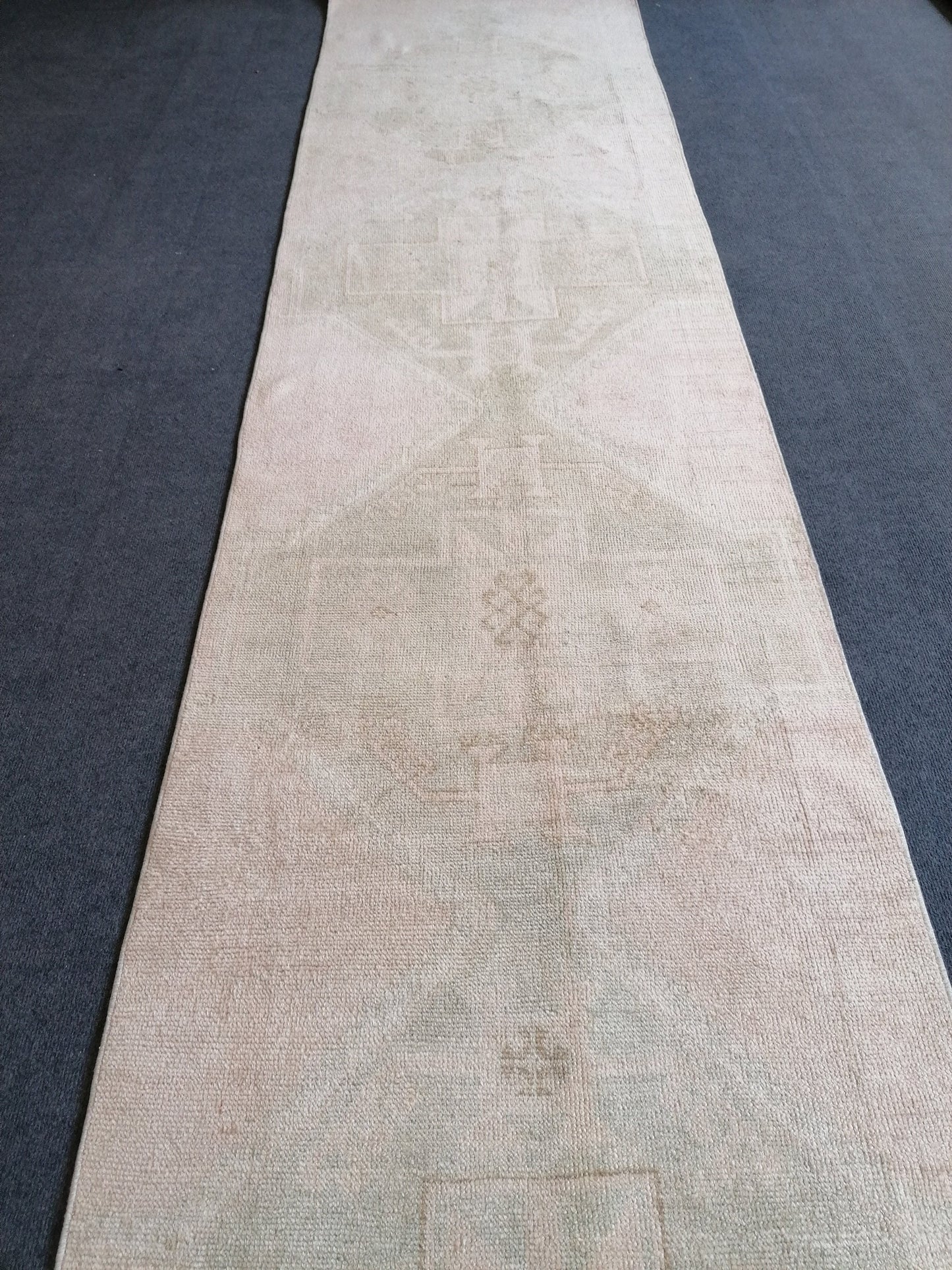 2'8x12 oushak turkish runner rug, hallway runner rug, hand made rug, oushak vintage runner rug, vintage rug, vintage anatolian rug