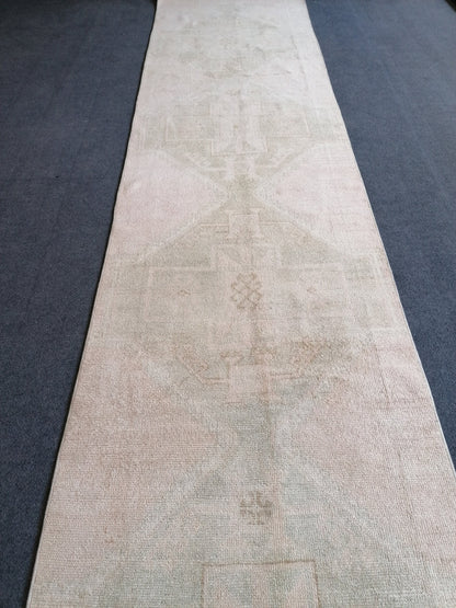 2'8x12 oushak turkish runner rug, hallway runner rug, hand made rug, oushak vintage runner rug, vintage rug, vintage anatolian rug