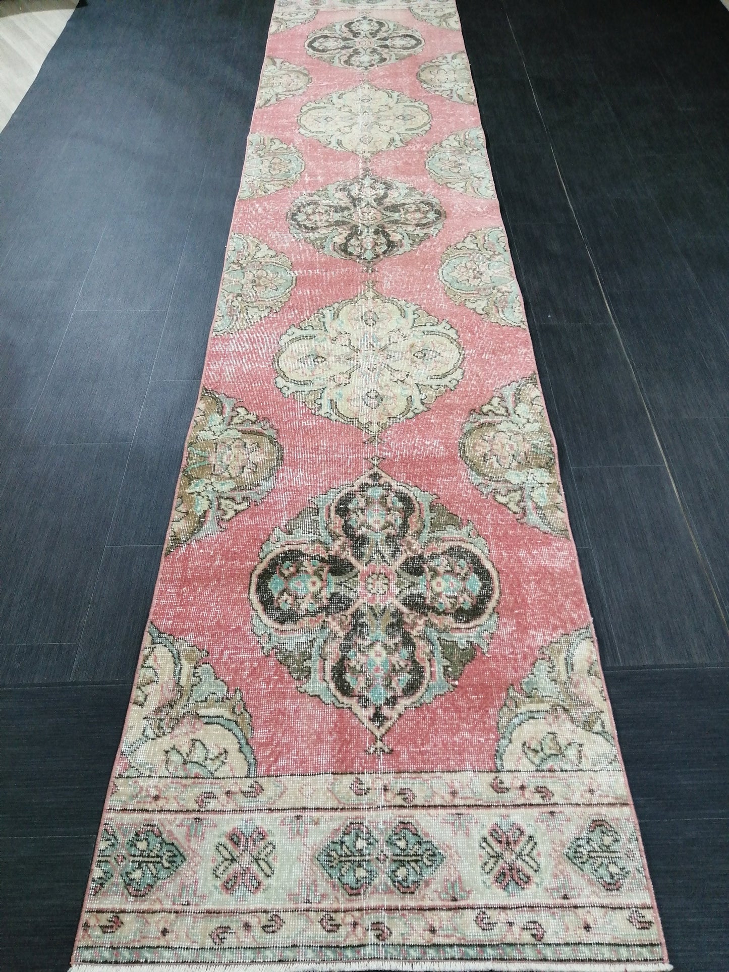 Pink Vintage Runner Rug 12.9 x 2.6 Oushak Runner Hallway Runner Rug Kitchen Runner Rug Wool Runner Rug Wool Oushak Rug