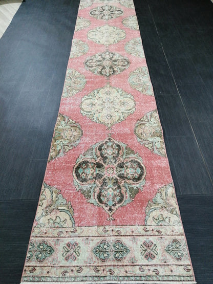 Pink Vintage Runner Rug 12.9 x 2.6 Oushak Runner Hallway Runner Rug Kitchen Runner Rug Wool Runner Rug Wool Oushak Rug