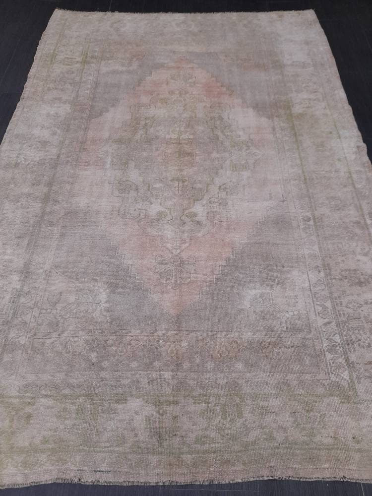 MUTED Handmade Rug 5.2 x 7.8 Vintage Turkish  Rug, Soft wool Rug NATURAL Wool Rug, Living Room Rug, Oushak Rug, Hand Knotted Rug Kitchen Rug