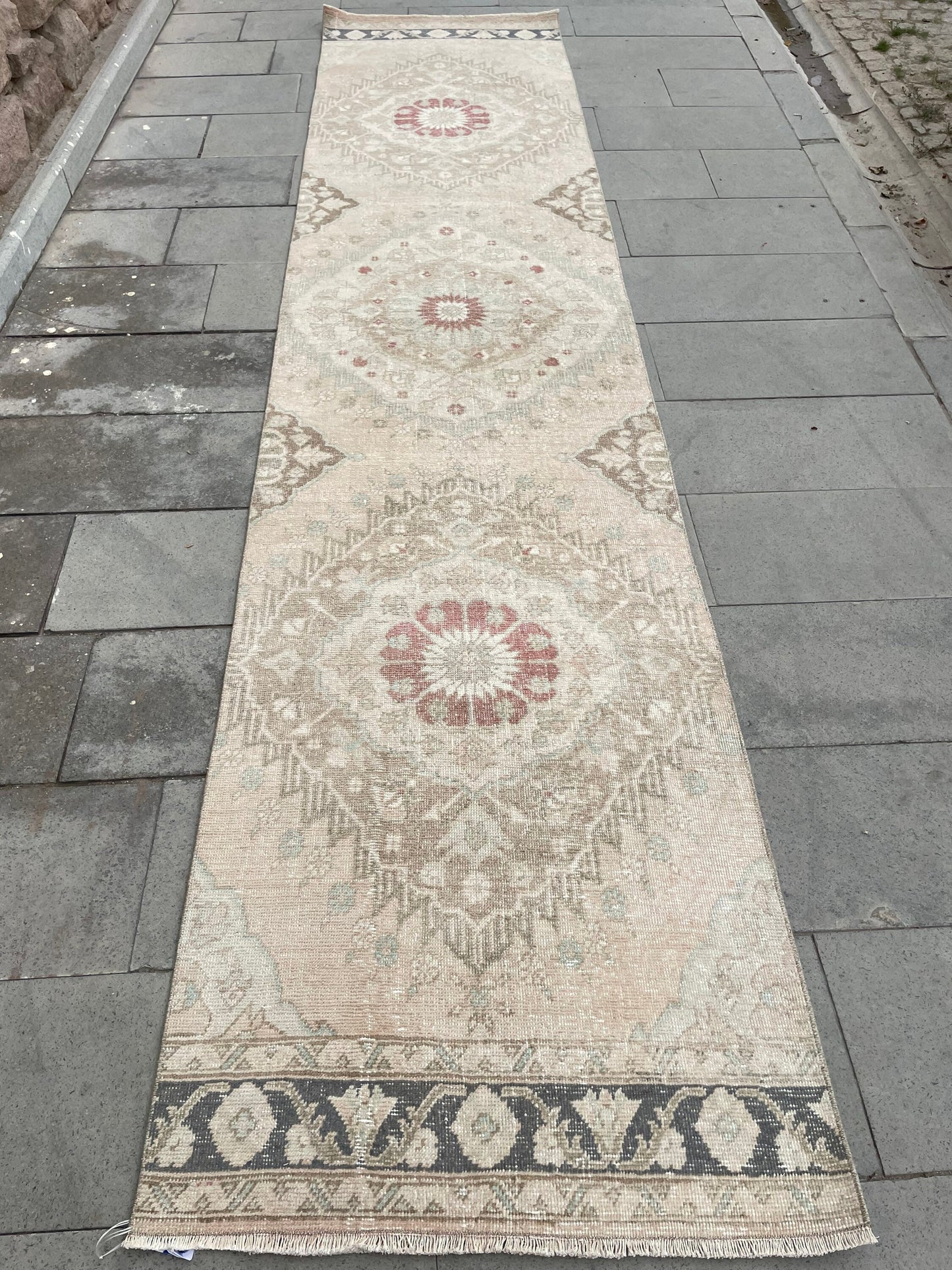 Muted Vintage Runner Rug, Turkish Runner 2.8 x 12.5 Rug, Handmade Runner Hallway Runner Soft Pink Kitchen Runner Rug Wool Runner Oushak Rug