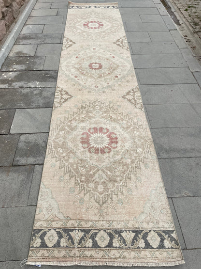 Muted Vintage Runner Rug, Turkish Runner 2.8 x 12.5 Rug, Handmade Runner Hallway Runner Soft Pink Kitchen Runner Rug Wool Runner Oushak Rug