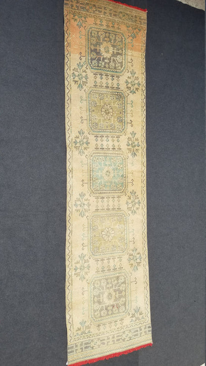 11'9x3' oushak turkish runner rug, vintage runner rug, vintage oushak rug, vintage anatolian rug,unique hand made rug,kitchen runner rug