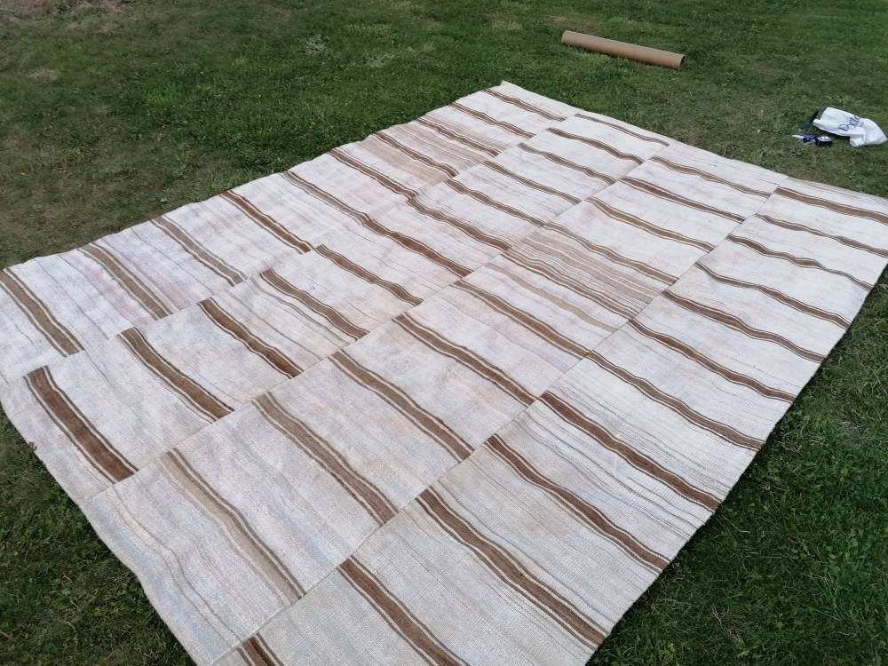 8x12 feet flatweave wool kilim, neutral color stripe rug handmade turkish kilim rug, oversize oushak brown kilims, hallway kilims