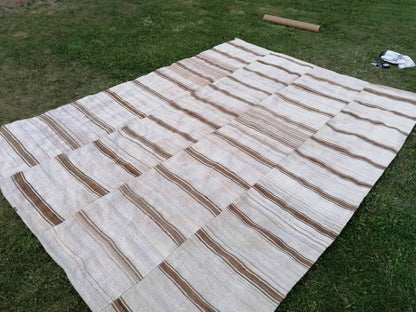 8x12 feet flatweave wool kilim, neutral color stripe rug handmade turkish kilim rug, oversize oushak brown kilims, hallway kilims