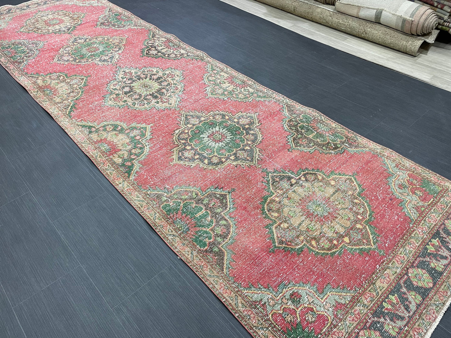 Vintage Runner Rug 3.7 x 12.6 Muted Turkish Runner Rug Hand Made Runner Rug Vintage Runner Rug Hallway Runner Rug Distressed Runner