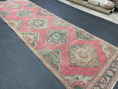 Vintage Runner Rug 3.7 x 12.6 Muted Turkish Runner Rug Hand Made Runner Rug Vintage Runner Rug Hallway Runner Rug Distressed Runner