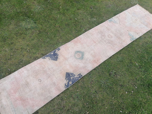Muted soft colors runner 12'2x2'5 faded runner rug, turkish runner rug, turkish vintage runner rug, hallway runner rug,kitchen runner rug