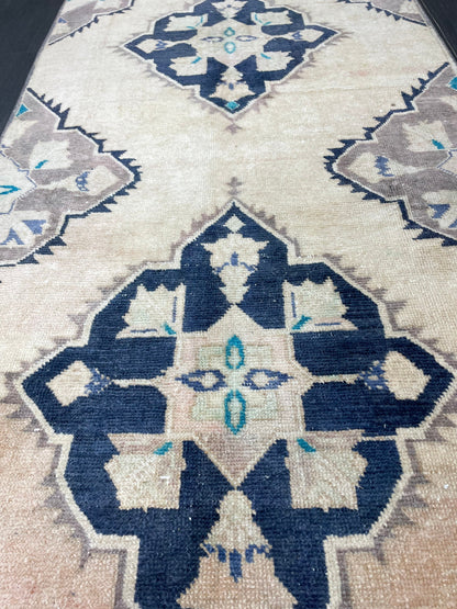Vintage Runner 3.2 x 10.6 TURKISH Muted Runner Rug Vintage Oushak Runner Rug Navy Runner Rug Wool Oriental Runner Antique Runner Rug