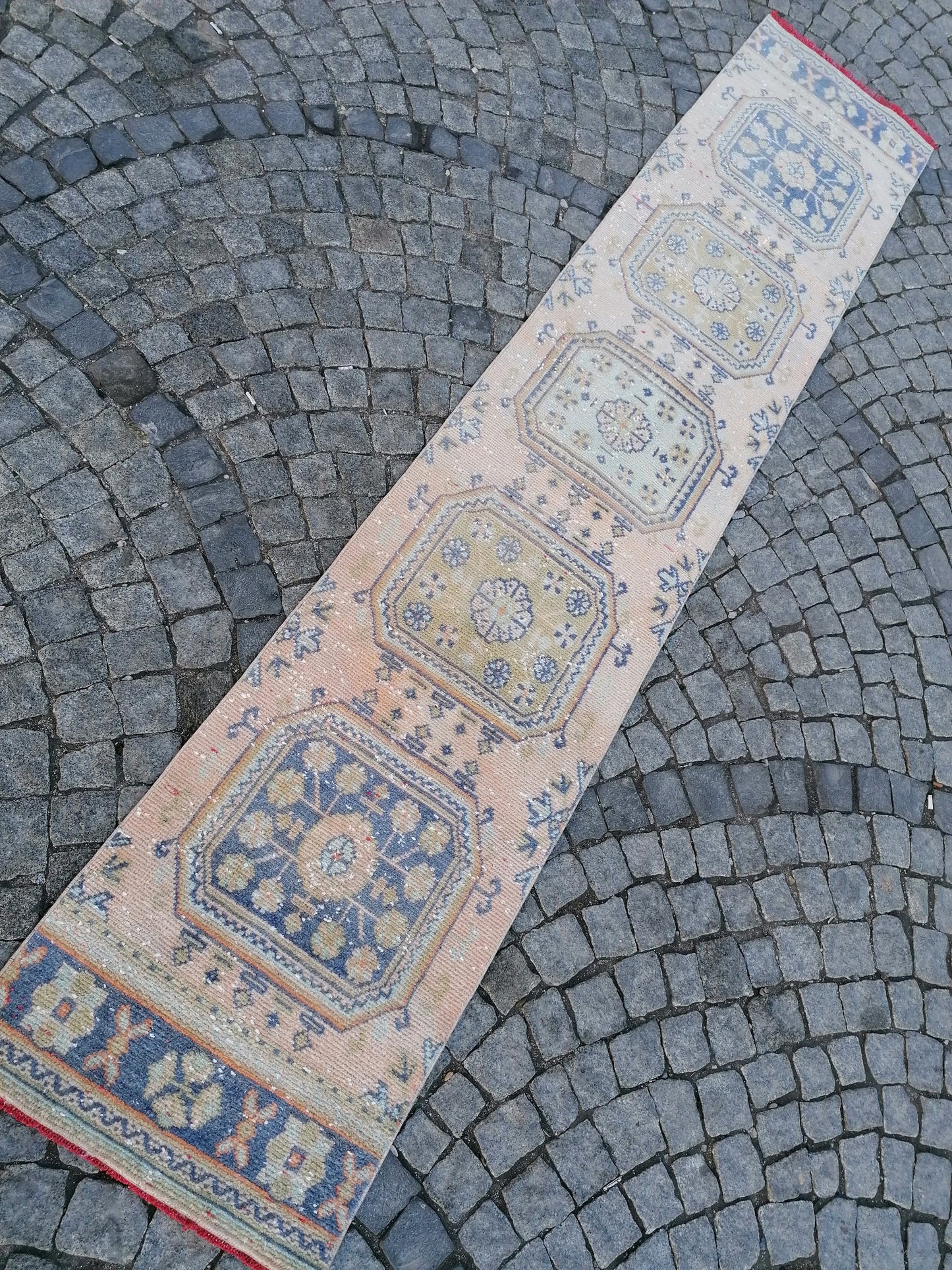 2'3x11'8 oushak turkish runner rug,turkish wool runner rug,hallway runner, vintage blue runner rug, vintage green runner rug,kitchen runner