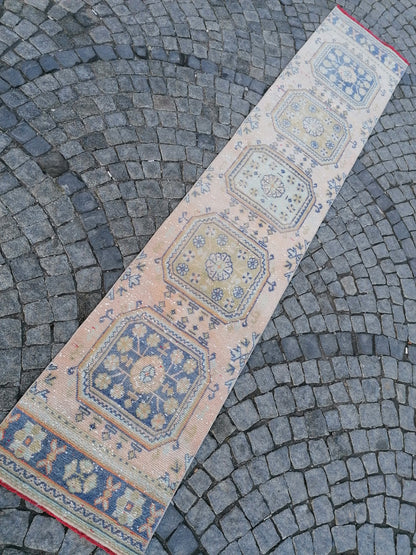 2'3x11'8 oushak turkish runner rug,turkish wool runner rug,hallway runner, vintage blue runner rug, vintage green runner rug,kitchen runner