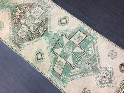 Vintage Hand Made Runner 2.7 x 11.6 Muted Runner Rug Turkish Runner Rug Muted Persian Runner Rug Vintage Rug Oriental Runner Rug Green