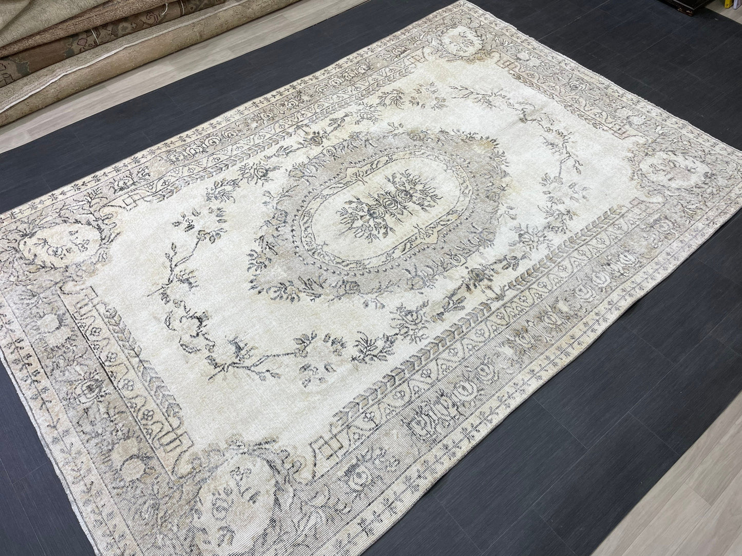 Neutral RUG Vintage Rug 6.7 x 10 ft Vintage Neutral Persian Rug Muted Wool Oriental Rug Blue Handmade Rug Distressed Turkish Antique Rug
