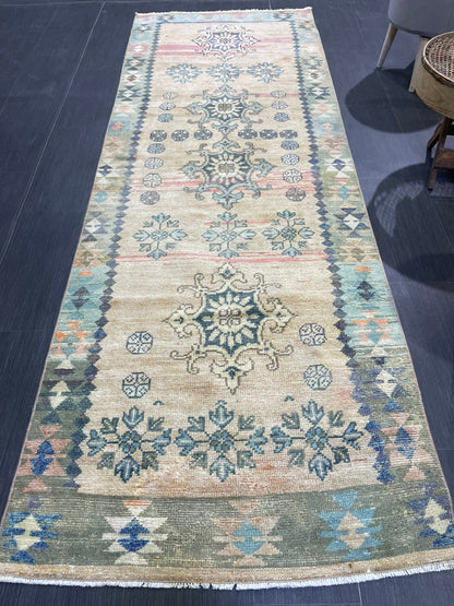 Vintage Runner Rug, 3x9 TURKISH Muted Runner Rug, Vintage Oushak Runner Rug, Quality Fine Runner Rug,Wool Oriental Runner Antique Runner Rug