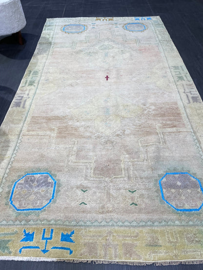 Anatolian Vintage Rug, TURKISH Rug, Vintage 3.10 x 7.3 Wool Rug, Oushak Rug, Hand Knotted Rug, 100% Wool Rug, Handmade Rug