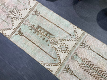 Muted Vintage Runner Rug, 2.8 x 10.2 Muted Oushak Runner Rug, Turkish Runner Rug, Short Muted Runner Rug ,Hallway Runner Soft Wool Runner