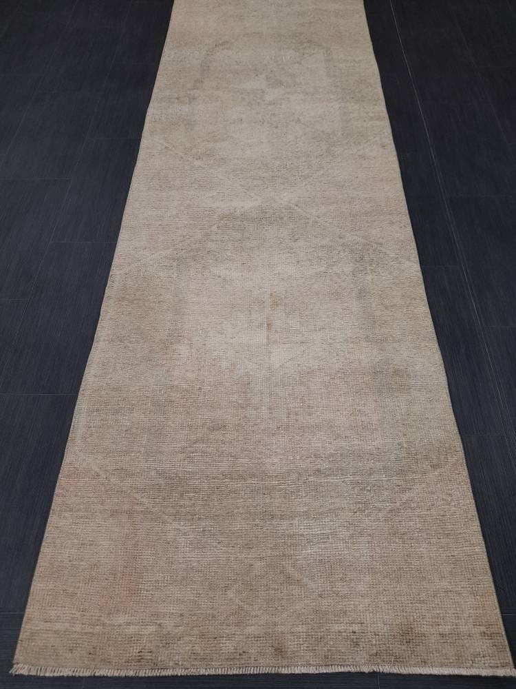 Neutral Vintage Hand Made Runner Rug Turkish Runner Rug 2.8 x 12.3 Faded Vintage Runner Rug Hallway Runner Rug Neutral Kitchen Runner Rug
