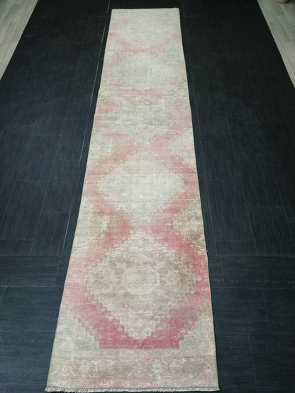 Distressed Antique Runner Rug 2.7 x 13.6 Turkish Vintage Runner Rug