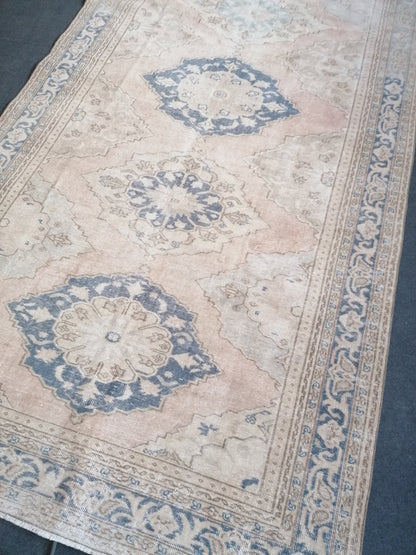 Muted runner rug 5'8x11'4 vintage runner rug, vintage oushak rug unique hand made rug, kitchen rug, bohemian rug traditional