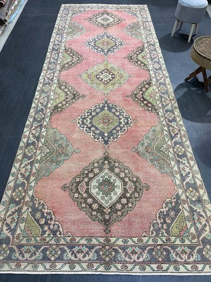 Vintage Runner rug, Muted 4.9 x 12 Runner RUG, TURKISH Runner, Pink Runner Rug, Pastel Oushak Rug ,Natural Wool Runner Rugs, Handmade Runner