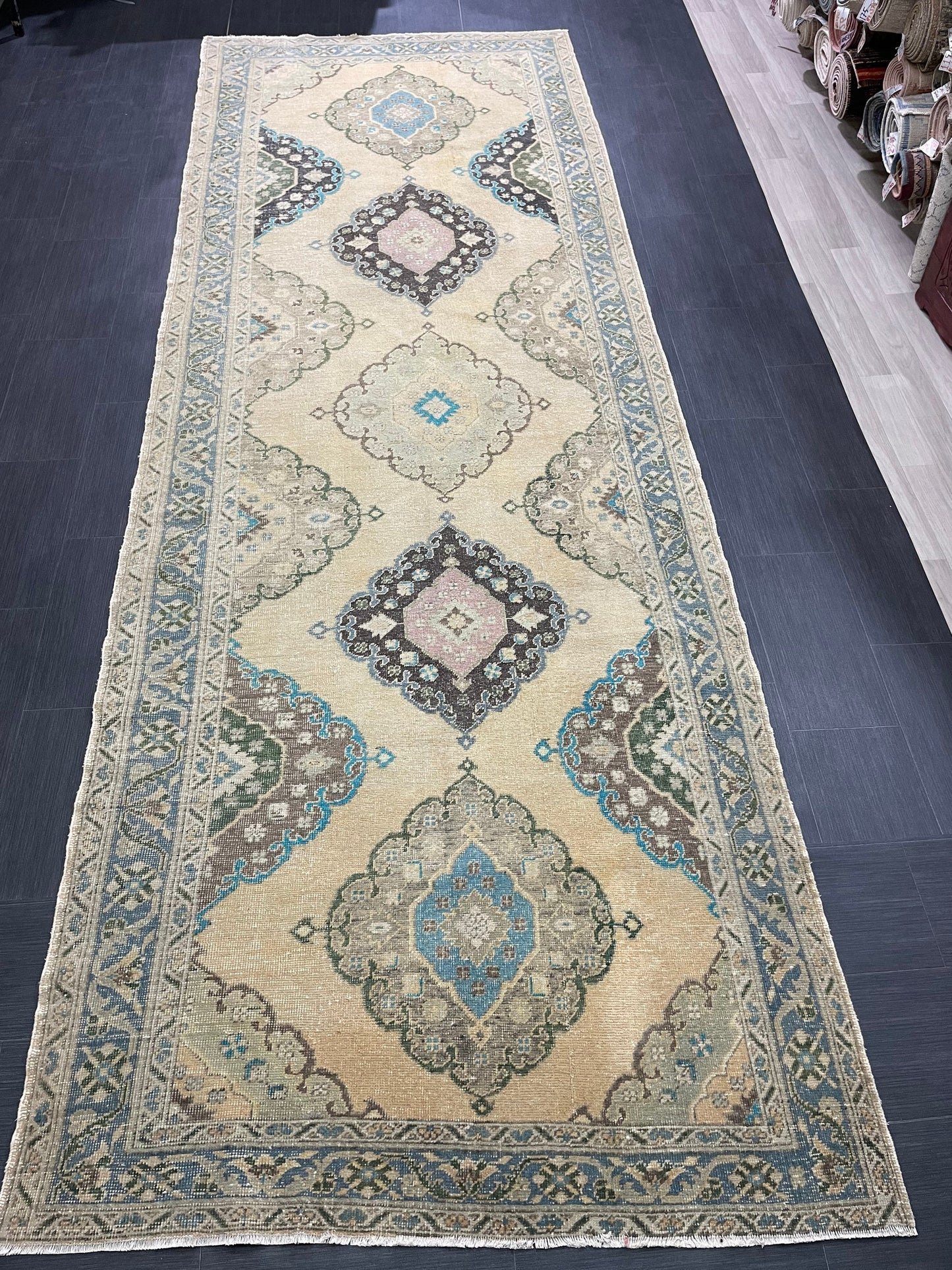 Vintage Hand Knotted Rug Vintage 4.8 x 13.8 Runner Oushak Runner Rug Turkish Runner Rug Vintage Runner Rug Star Kitchen Runner Natural Wool