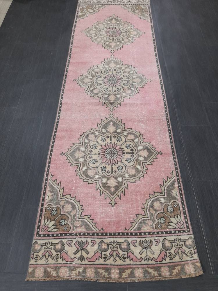 Vintage Runner Rug Muted 3.2 x 11.2 Hand Made Runner Rug Turkish Runner Rug Pink Vintage Runner Rug Hallway Runner Rug Wool Kitchen Runner