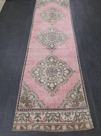 Vintage Runner Rug Muted 3.2 x 11.2 Hand Made Runner Rug Turkish Runner Rug Pink Vintage Runner Rug Hallway Runner Rug Wool Kitchen Runner