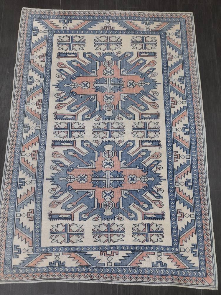 Blue Vintage Rug Hand Made Rug 4.6 x 6.5 Oushak Rug Rustic Rug ORIENTAL Rug Turkish Rug Vintage Persian rug