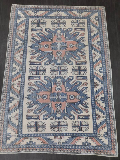 Blue Vintage Rug Hand Made Rug 4.6 x 6.5 Oushak Rug Rustic Rug ORIENTAL Rug Turkish Rug Vintage Persian rug