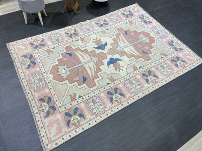 Vintage Rug 5.2 x 7.6 HANDMADE Rug Vintage Turkish Rugs Oushak Rug Pink Rug, Turkish Oushak Rug, Vintage Hand Knotted Rug, Wool Rug