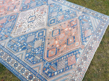 Turkish blue wool rug 6'8x10 large oushak vintage rug, unique hand made, living room rug