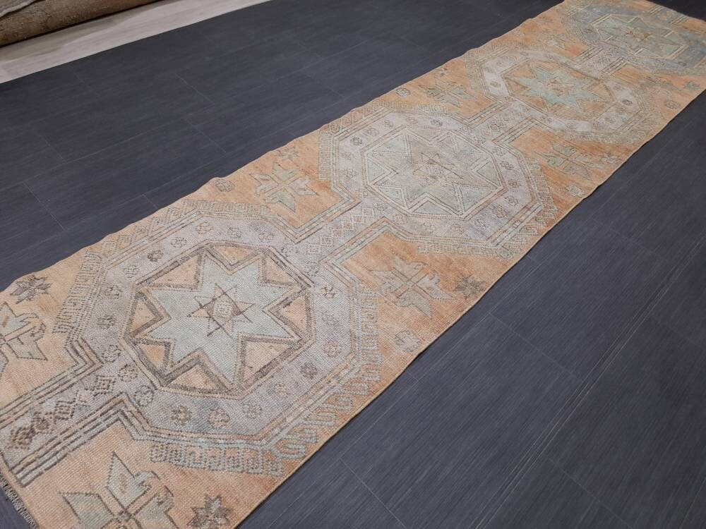 Vintage Runner Rug Muted Turkish Runner Rug 2.5 x 10 Oriental Runner Rug Hallway Runner Kitchen Runner Rug Wool Runner Rug Star Runner Rug
