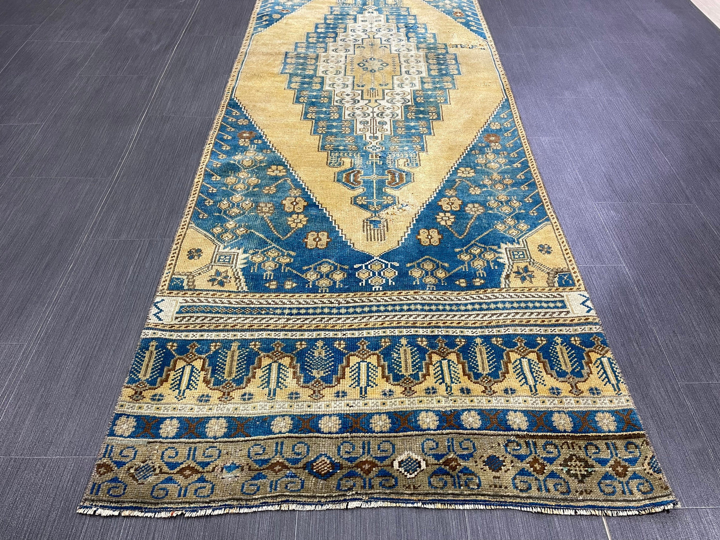 TURKISH Runner Rug Vintage Runner Rug 2.8 x 9.4 Oriental Rug Wool Oushak Rug Hand Knotted Rug Vintage Turkish Runner Rug Blue and Yellow Rug