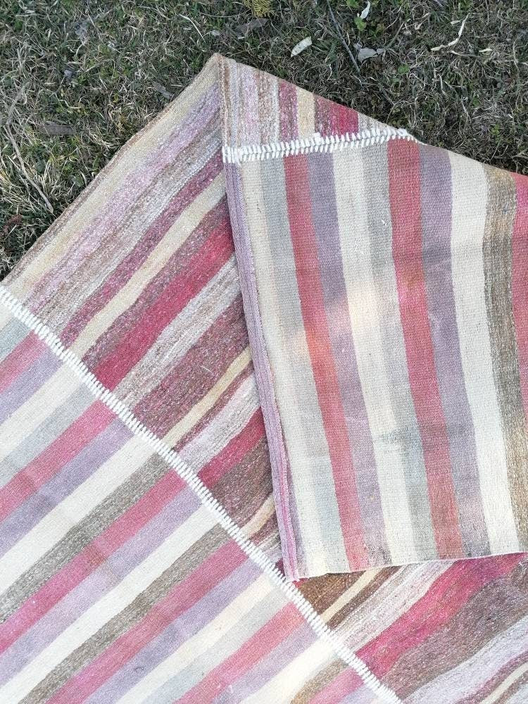 6.8 x 9.7 Flatwoven kilim rug  stripe handmade rug vintage turkish rug, vintage oushak rug, wool rug