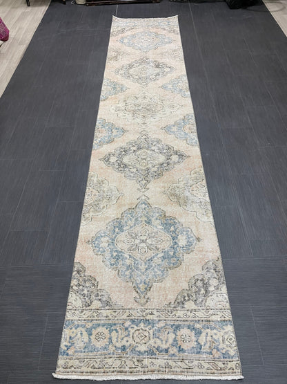 Muted Runner Rug 2.6 x 12.4 ft Turkish Runner Rug Vintage Runner Rug Hallway Runner Rug Faded Kitchen Runner Rug Wool Runner Rug Handmade