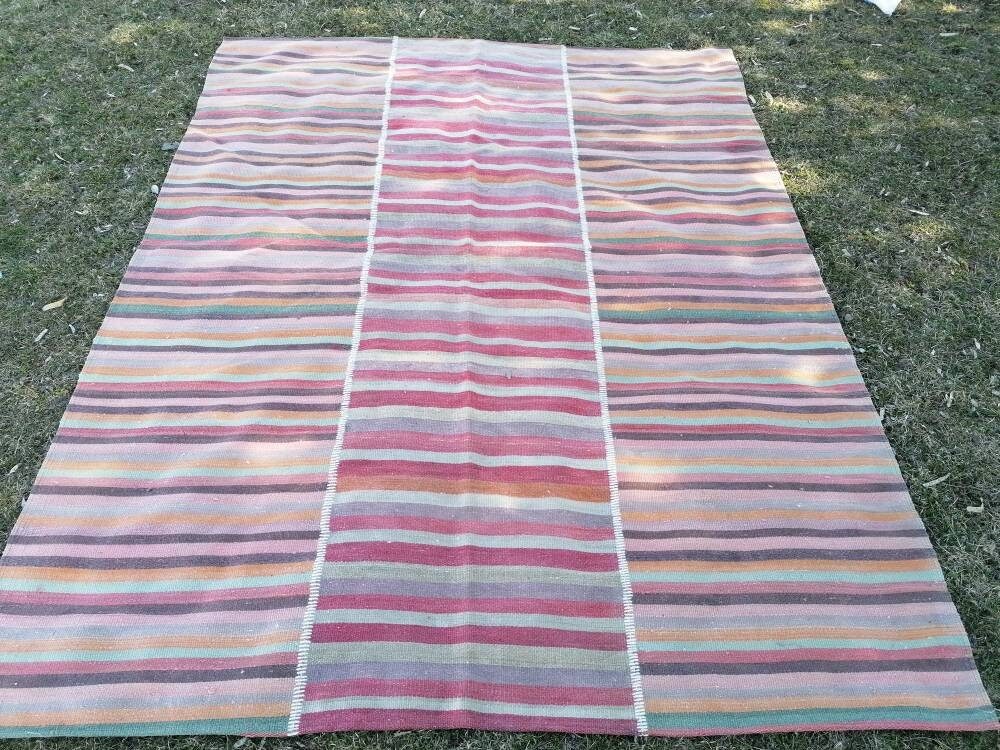 Flatwoven with embroidery rug 7x9 turkish hand made rugs vintage turkish rugs oushak rug vintage oushak rug, wool rug