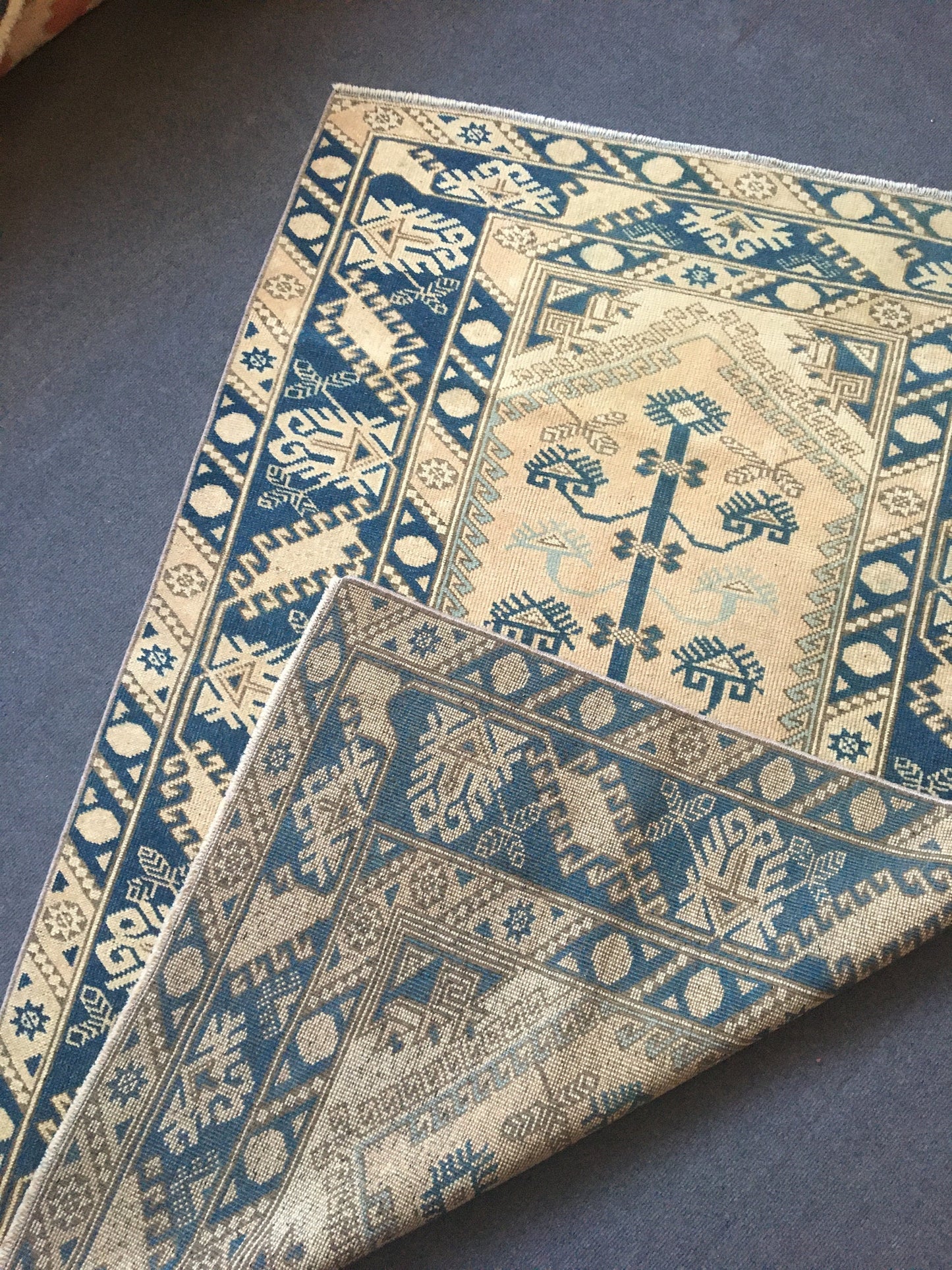 4x6 feet wool turkish kitchen floor wide rug, handmade oushak muted blue bedroom area rug, vintage living room large rug, laundry area rugs