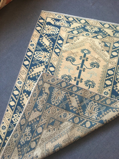 4x6 feet wool turkish kitchen floor wide rug, handmade oushak muted blue bedroom area rug, vintage living room large rug, laundry area rugs