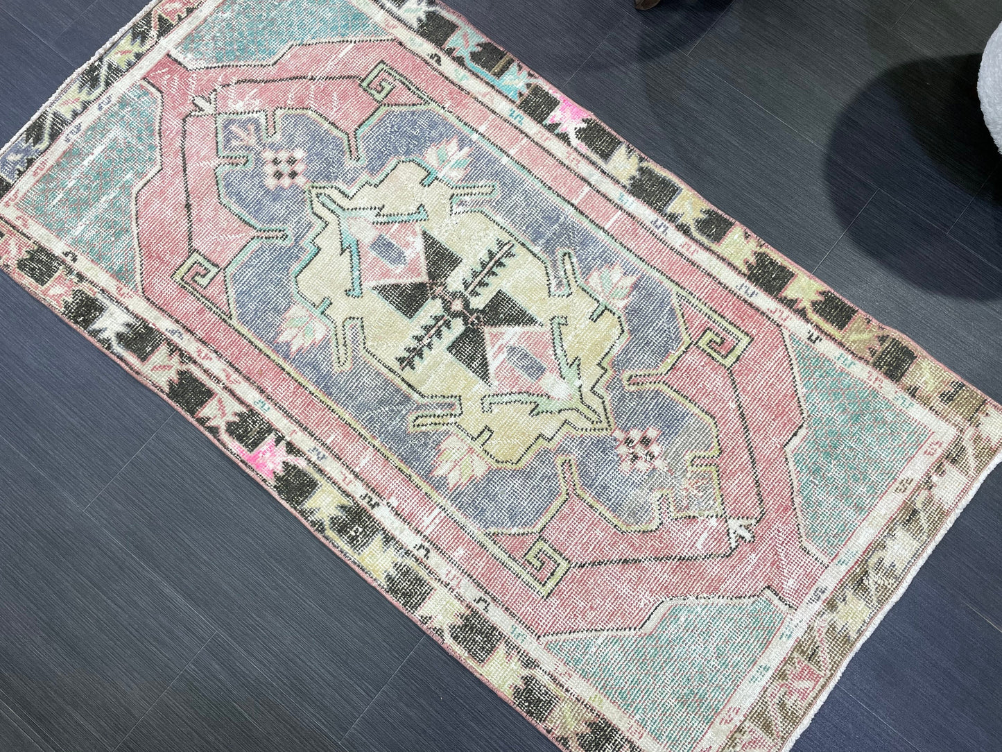 Turkish Rug, Hand Knotted Rug, 2.7 x 5 Living Room Rug, Bathroom Rug, Vanity Rug, Vintage Oushak Rug, Wool Vintage Rugs, Distressed Rug