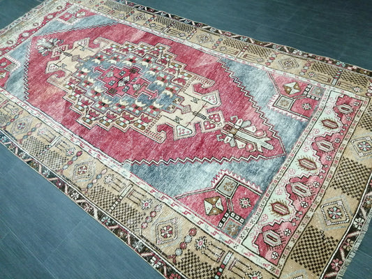 Muted OUSHAK RUG 4.2 x 8.3  Muted Vintage Rug Vintage Rug  Ice Blue Wool Oushak Rug Hand Made Rugs Vintage Turkish Rug