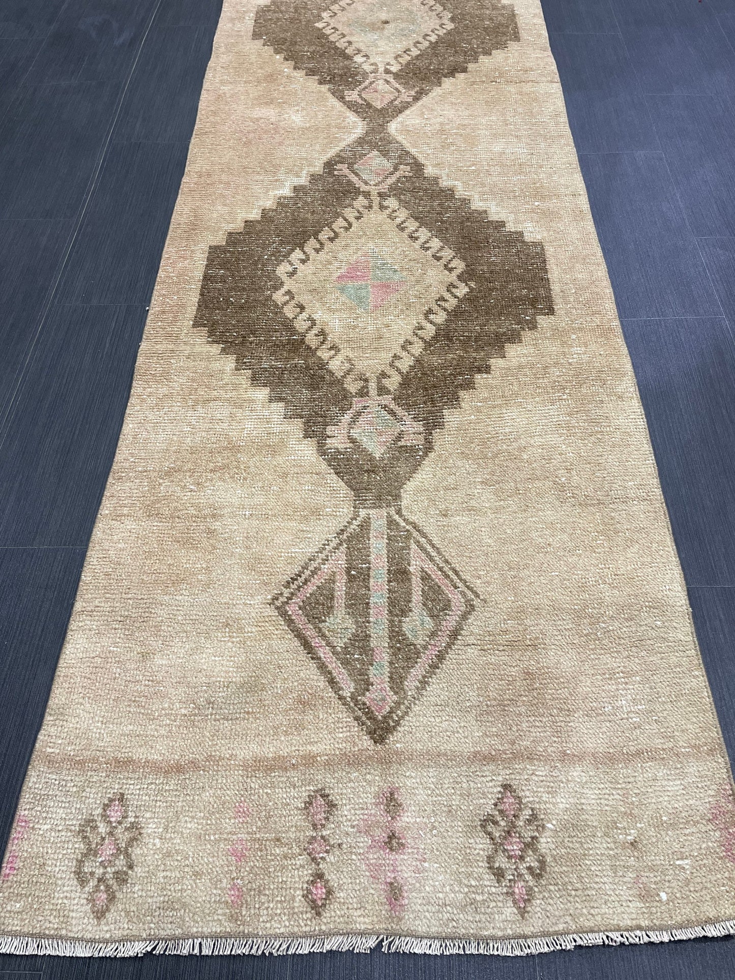 Muted Vintage Runner Rug 2.6 x 12.2 Hand Made Runner Rug Turkish Runner Rug Pink Vintage Runner Rug Hallway Runner Rug Wool Kitchen Runner