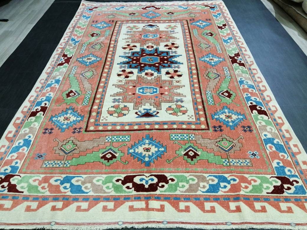 Vintage Runner Rug 6.3 x 10 Blue and Pink Rug Turkish Kitchen Rug Wool Entryway Rug Persian Livingroom Rug Oushak Rug Navy Oriental Rug