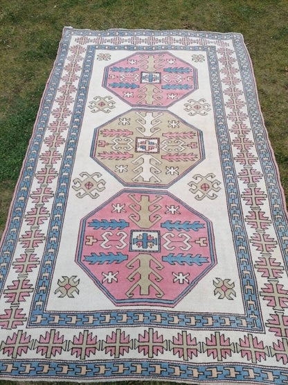 Bohemian pink color rug, pastel green oushak blue rug , turkish wool rug, handmade living room rug 5'9x9'5 feet